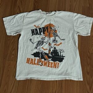 Vintage Cowboy Western Skeleton Halloween Graphic White Short Sleeve T- Shirt